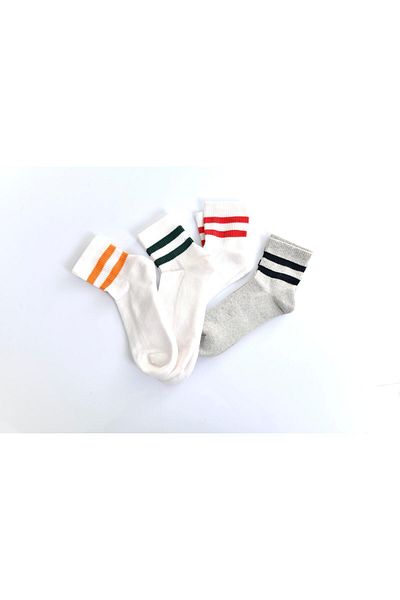 BS Parıltı White Corded Cotton Ankle Patterned Colorful Socks Set (3 Pieces)