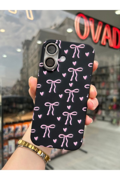 OVADA İphone 16 Uyumlu Kalp ve Kurdele Desenli İçi Kadife Silikon Kılıf