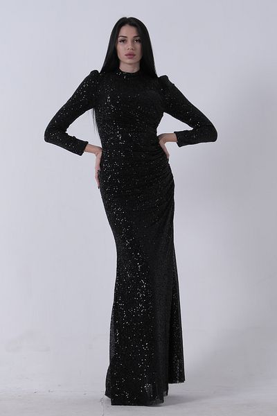Feminist Crew Neck Sequined Slit Evening Dress Black 0801057