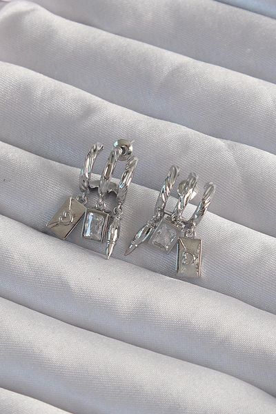 Celira Brass Silver Color Zircon Stone Half Hoop Rib Earrings with Multiple Accessories