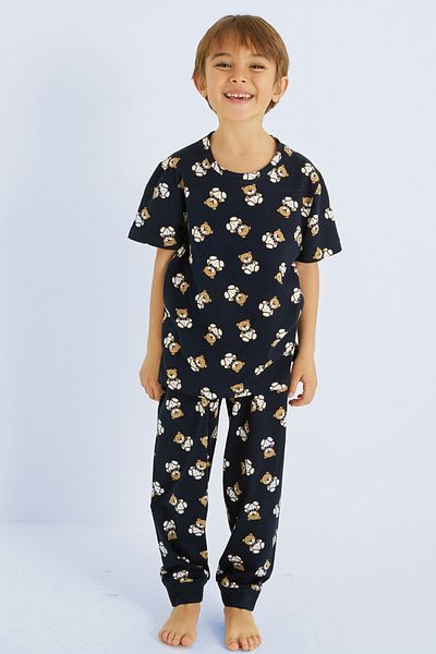 Siyah İnci Navy Blue Boy's 100% Cotton Teddy Bear Animal Printed Crew Neck Pajamas Suit 25110154