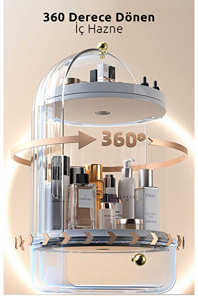 Kitchen Life Vitrin 360 Derece Dönen Çekmeceli Raflı Kozmetik Makyaj Organizeri Standı / Takı Düzenleyici