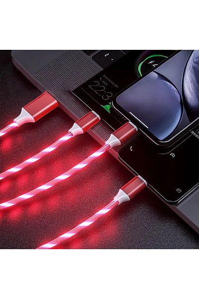 Choice كابل شحن سريع 1 متر أحمر 3 En 1 Avec Éclairage LED، 3A، Micro USB Type C، لهاتف iPhone، Samsung
