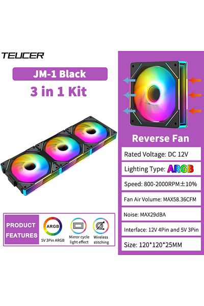 Choice A-RGB AS Show JM-1 Black Reverse TEUCER JM-1 Computer Case Fan ARGB Mirror Cycle Light Effect 120mm