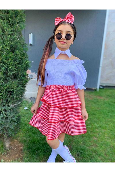 Kuzeyi Butik Girl's Festive Shirt, Scarf, Detailed Skirt, Bandana, Including 4-Piece Combination