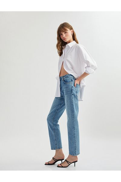 Koton Pantaloni din denim slim din bumbac, cu nasturi, cu picioare drepte - Blugi slim fit