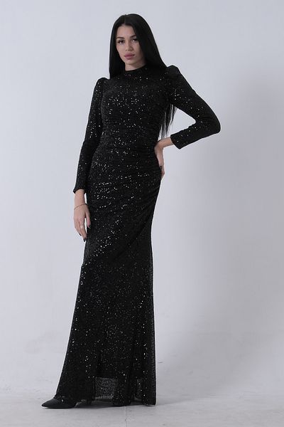 Feminist Crew Neck Sequined Slit Evening Dress Black 0801057