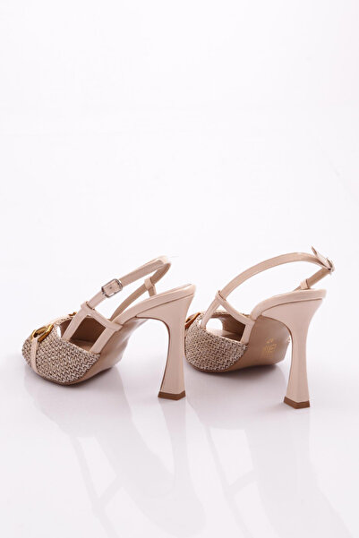 DGN Beige Patent Leather Heeled Women's Evening Dress Shoes with Metal Accessories 7864535