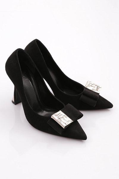 DGN Model 9039 - Pantofi de damă cu toc din piele întoarsă neagră, cu detalii in piatra