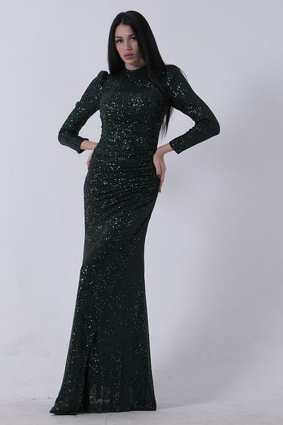 Feminist Crew Neck Sequined Slit Evening Dress Emerald 0801057