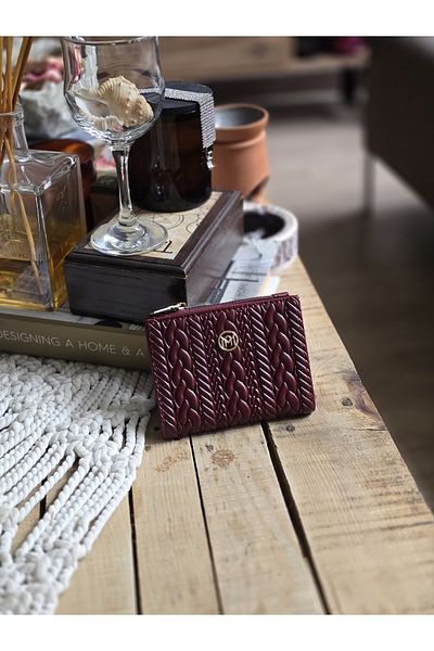 Moom Bag Women's Burgundy Woven Pattern Square Card Holder Detailed Wallet