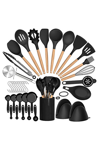 Choice طقم أدوات طهي من السيليكون باللون الأسود مكون من 36 قطعة مع حامل