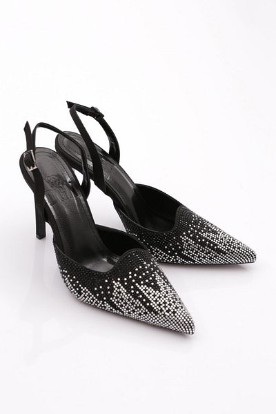 DGN Pantofi de rochie de seara de dama cu fata de piatra piele neagra