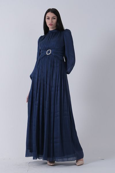 Feminist Belt Buckle Accessory Crew Neck Hijab Evening Dress Navy Blue 6502493