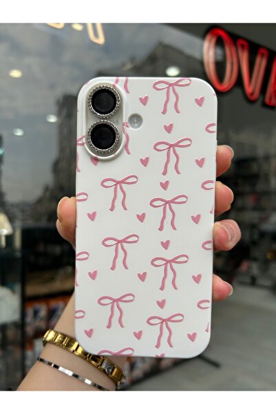 OVADA İphone 16 Uyumlu Kalp ve Kurdele Desenli İçi Kadife Silikon Kılıf