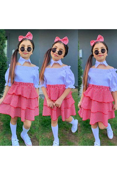 Kuzeyi Butik Girl's Festive Shirt, Scarf, Detailed Skirt, Bandana, Including 4-Piece Combination