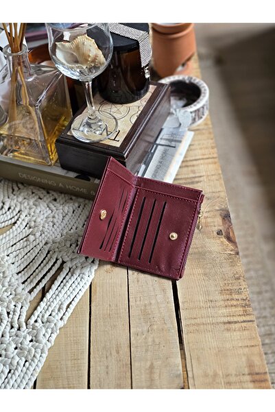 Moom Bag Women's Burgundy Woven Pattern Square Card Holder Detailed Wallet