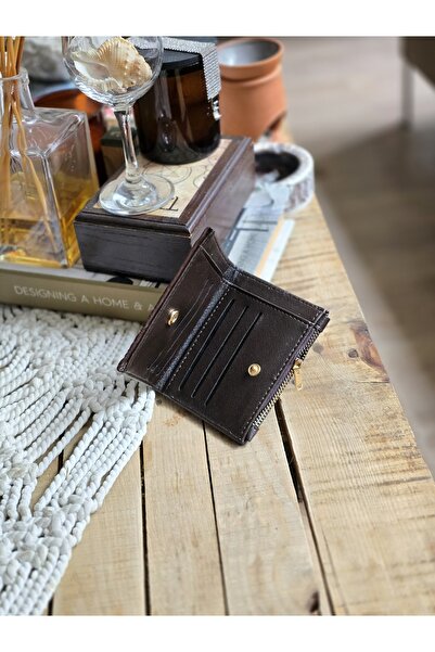 Moom Bag Women's Bitter Brown Woven Pattern Square Card Holder Detailed Wallet