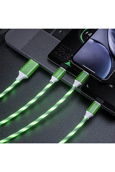 Choice كابل شحن سريع 1 متر أخضر 3 En 1 Avec Éclairage Led، 3a، Micro USB Type C، لهاتف Iphone، Samsu