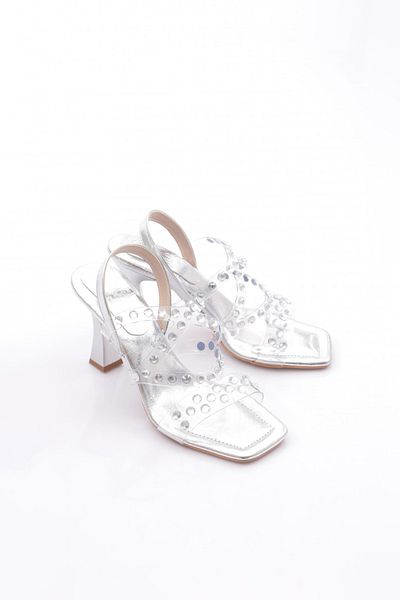 DGN Pantofi de seara cu toc cu cravata in spate de dama din piele lacuita argintie 2193128