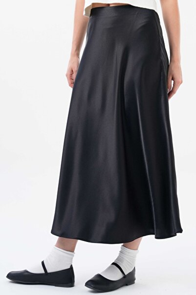 Saade Black Satin Regular Waist Flowing Woven Skirt