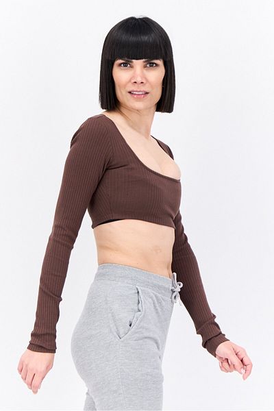 adidas Women Sportswear Fit Long Sleeve Training Cropped Top, Choco Brown