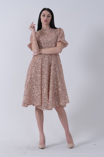 Feminist Gold Midi Evening Dress - Sequins and Short Sleeve 6502498