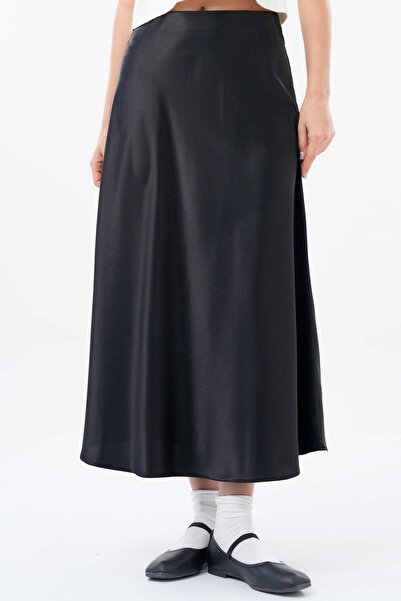 Saade Black Satin Regular Waist Flowing Woven Skirt