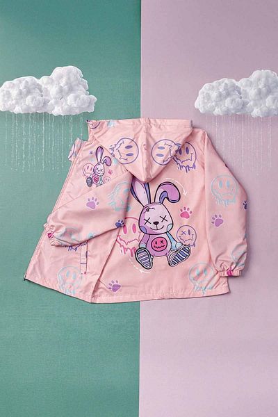 Minigimin Cicileri Pulovere pentru copilul meu (5-8 ani) Smile Rabbit Printed Fete Căptușit Manta de ploaie sezonieră - Somon