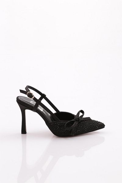 DGN Pantofi de seară cu toc de piatră cu cravată la spate de damă din satin negru 7814535