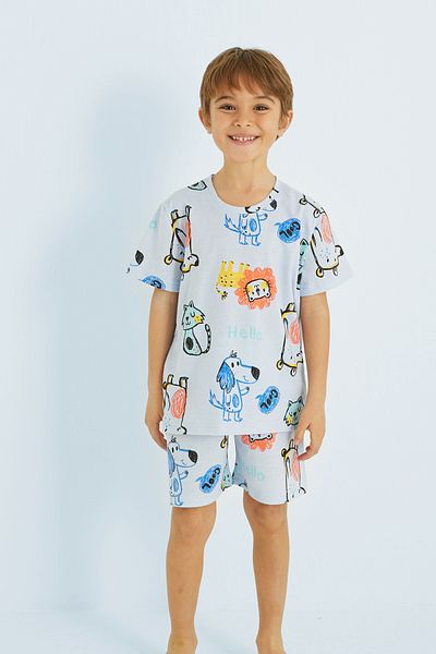 Siyah İnci Blue Boy's 100% Cotton Lion Animal Printed Crew Neck Shorts Set 25110106