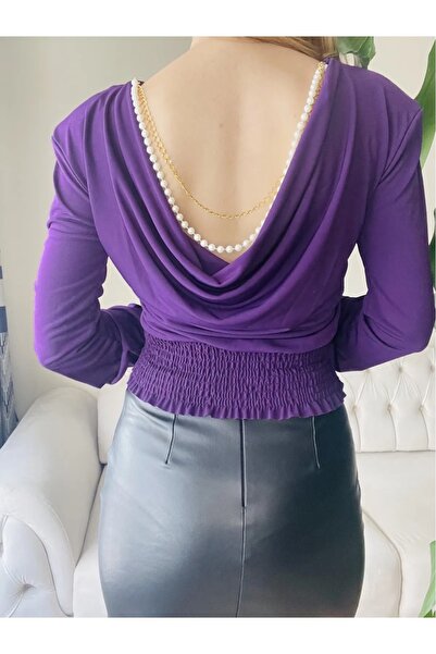 rose tml giyim Kadın Sırt Detay İncili Dekolteli Gipeli Bluz