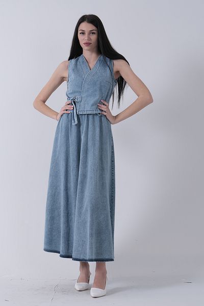 Feminist Side Tie Vest Skirt Denim Suit Blue 31040646