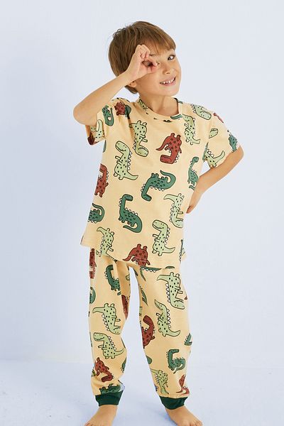 Siyah İnci Boy's Pajamas Cream Ανδρικό 100% βαμβακερό σετ πιτζάμες με στάμπα με λαιμόκοψη Dinosaur Animal