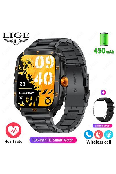 Choice Blakc Steel Gold LIGE Sport Smart Watch For Men 1.96 Screen Blood Oxygen Bluetooth Call Watch 100+Sp