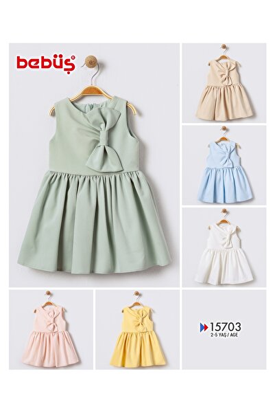 Bebüş Еластична крепова тканина з бантиком, асиметричний крій, без рукавів, бежеве плаття для дівчинки 15703