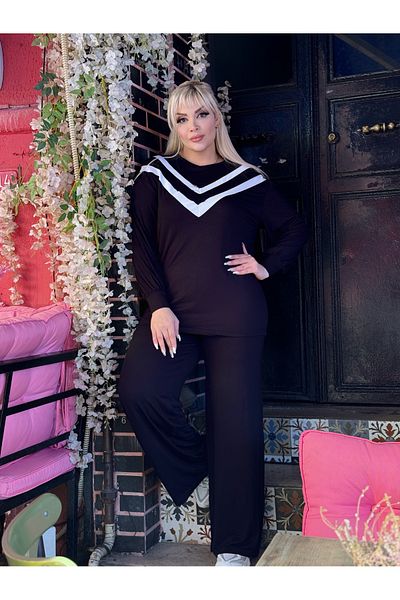 LİKRA Women's Large Size Collar Striped Detail Flexible Viscosa Suit