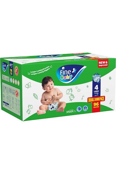 Fine Baby Double Lock, Size 4, Large, 7-14 kg, Giant Saving Box, 96 Diapers