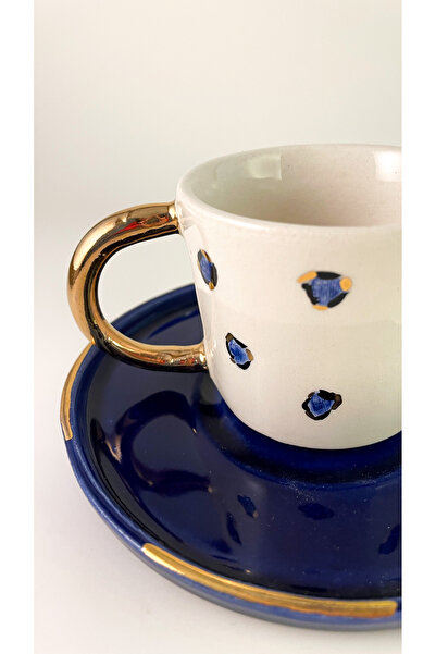 zeynep El Yapımı Altın Dekorlu Mavi Leopar Desenli Seramik Türk Kahvesi Fincanı