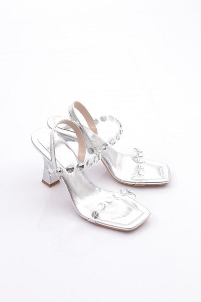 DGN Pantofi de seara de dama cu toc cu siret din spate din piele lacuita argintie 21103128