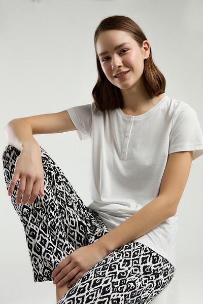 Arnetta Costum de pijama de vară pentru femei, decolteu, mânecă scurtă, nasturi, buzunar