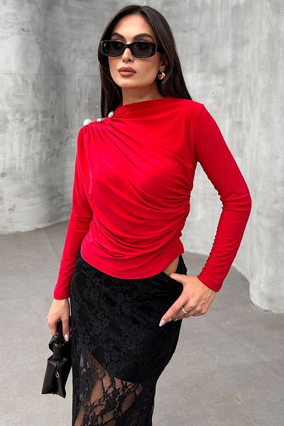 LACHT Women's Red Long Sleeve 3 Button Detailed Sandy Long Sleeve Blouse