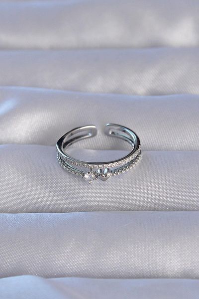 Celira Brass Silver Color Zircon Stone Heart Waterway Model Adjustable Ring