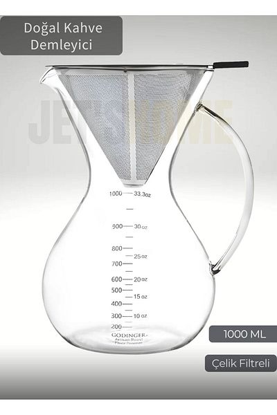 Jet's Home 1000 ml Chemex Natural Coffee Brewer with Steel Filter 8 Cups