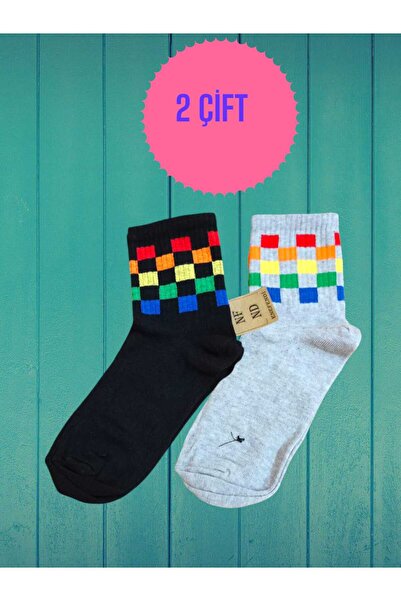 ENEFENDİ 2 PERECHI DE ȘOSETE MOALE DE BUMBAC CU MODEL PĂTRAT PENTRU FEMEI, ȘOSETE NEGRE, GREY, 36-40