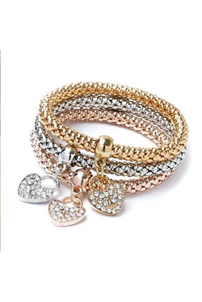 Choice مجموعة من 3 قطع من سوار قفل القلب ومفتاح الموسيقى وعلامة الموسيقى وبومة مطلية بالذهب الوردي وسلسلة فضية اللون