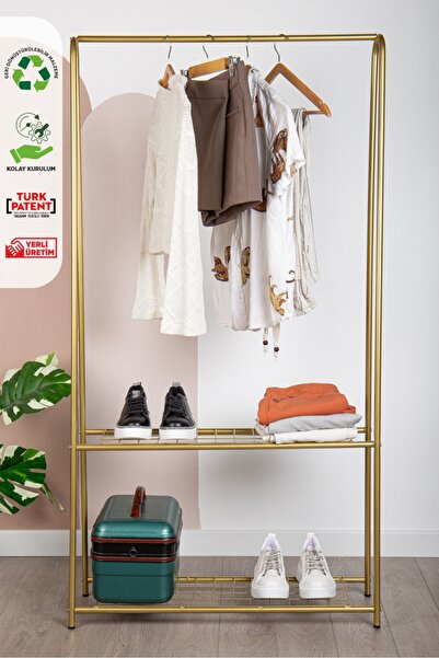 Fec Reklam Gold Raflı Metal Ayaklı Askılık Çift Raflı Gold Ayaklı Elbise Askılığı Konfeksiyon Askılığı