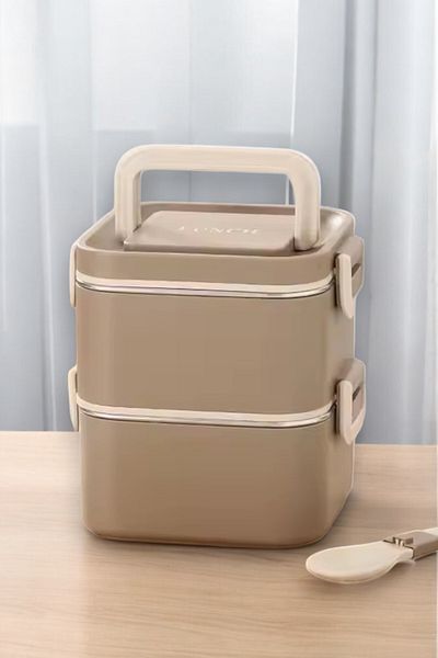 Digithome Bento 2 Tiers Portable Stainless Steel Food Container Thermos Lunch Box Square Khaki 1400ml