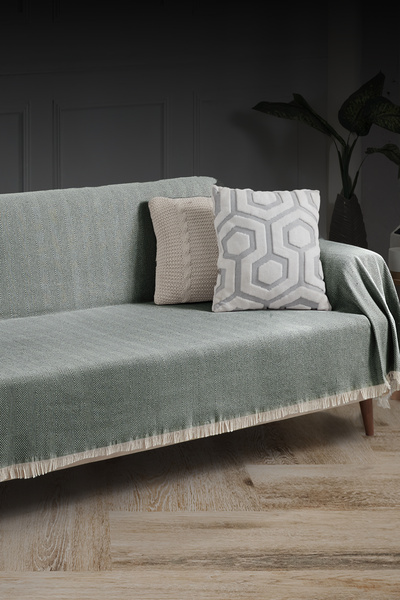 LADYNİL Kolları Kaplayan Saçaklı Koltuk Örtüsü %100 Pamuk | Koltuk Şalı 180x300 Cm Yeşil