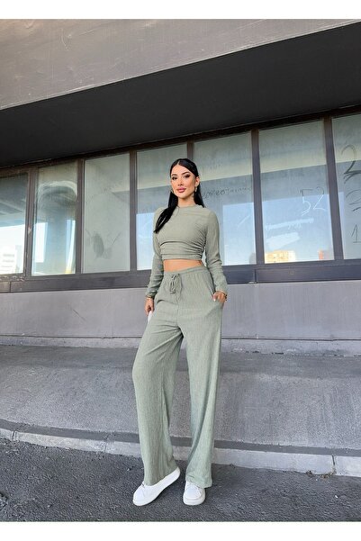 R&G RIMANERE GIOVANI Kadın Yüksek Bel Bol Paça Pantolon Uzun Kol Crop Bluz